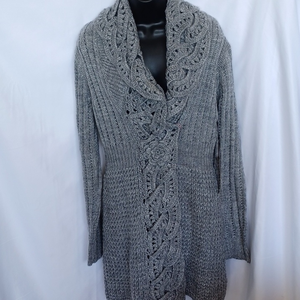 John Fashion Gray Crochet Duster Sweater Coat Wool Blend Large Stunning